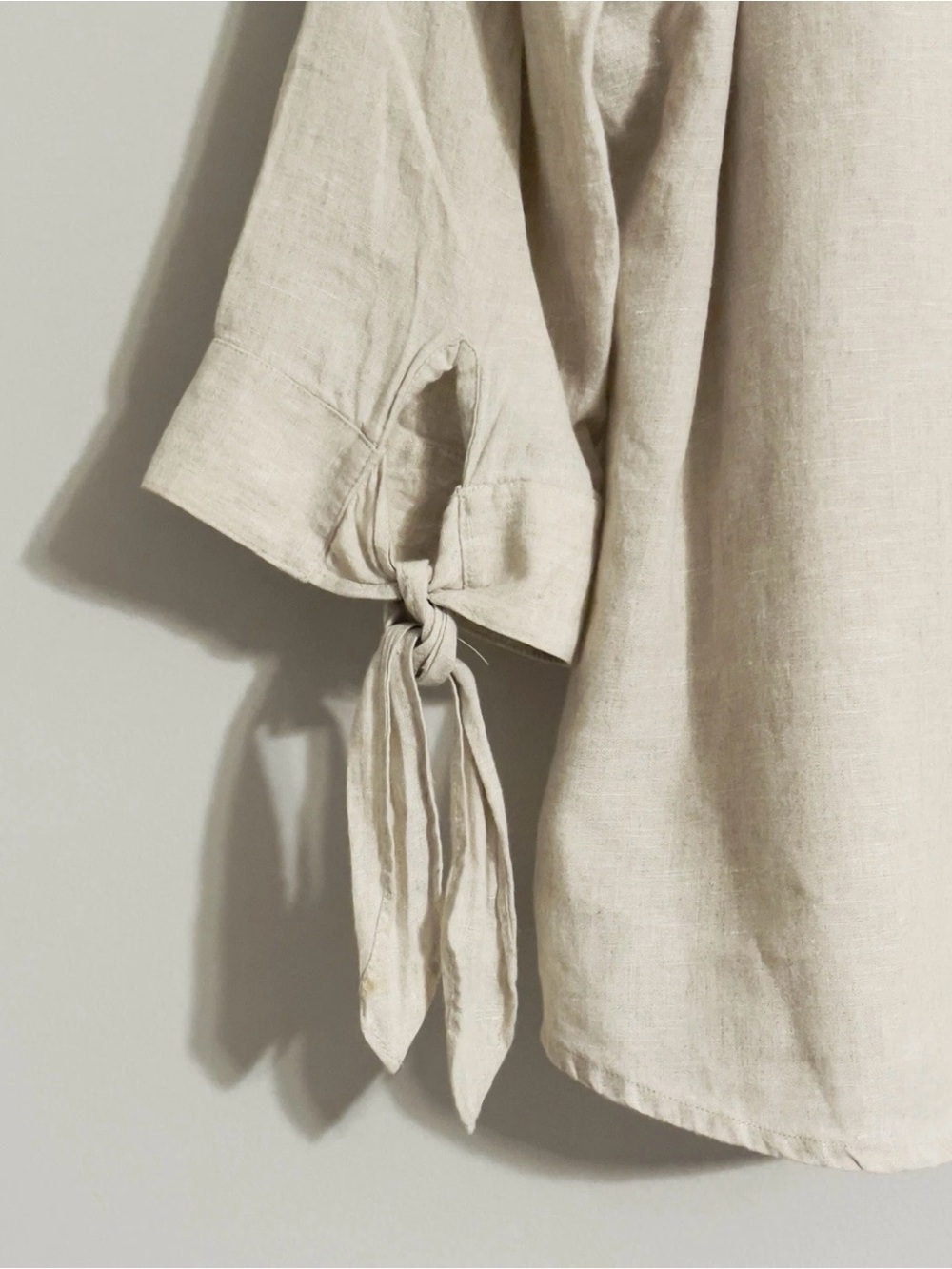 Liz Claiborne Boxy Linen Top Sz L Beige Knot Sleeve Coastal Lagenlook Minimalist - Picture 8 of 12